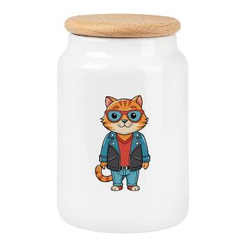 Scottish Fold Funny Cartoon Kawaii Jacket Sunglass - Cookie Jar with Wooden Lid - white - Front