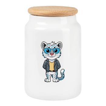 Snow Leopard Baby Funny Cartoon Kawaii Jacket Sung - Cookie Jar with Wooden Lid - white - Front