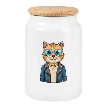Scottish Fold Shorthair Funny Cartoon Kawaii Jacke - Cookie Jar with Wooden Lid - white - Front