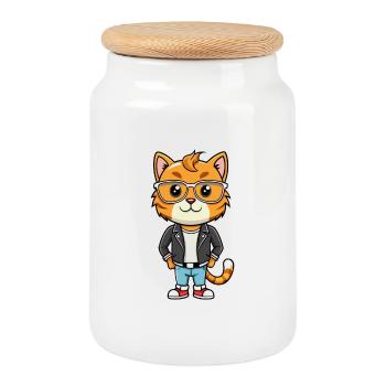 Korean Bobtail Funny Cartoon Kawaii Jacket Sunglas - Cookie Jar with Wooden Lid - white - Front
