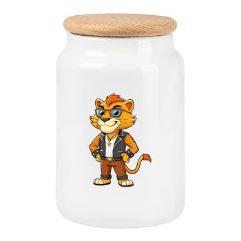 Liger Hybrid Lion Tiger Lustige Cartoon Kawaii Jacke - Keksdose mit Holzdeckel - Weiß - Vorne