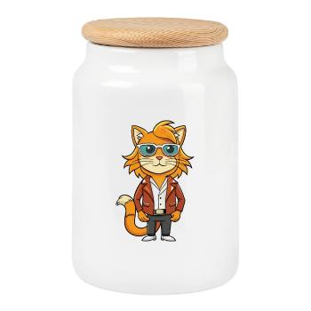 German Longhair Funny Cartoon Kawaii Jacket Sungla - Cookie Jar with Wooden Lid - white - Front