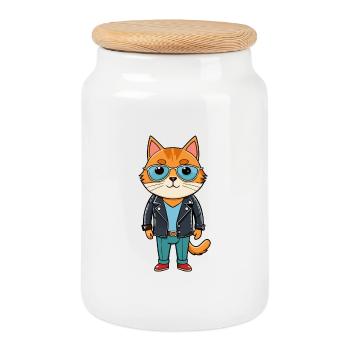 British Fold Shorthair Funny Cartoon Kawaii Jacket - Cookie Jar with Wooden Lid - white - Front