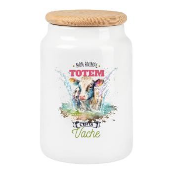 Mon animal totem c'est la vache - Boîte à biscuits avec couvercle en bois - blanc - Devant