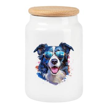 Border Collie avec lunettes de soleil - Boîte à biscuits avec couvercle en bois - blanc - Devant