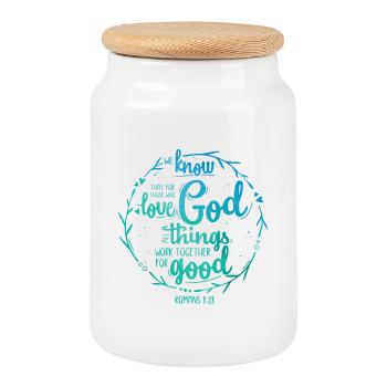 For those who love God - Romans 8:28 - Cookie Jar with Wooden Lid - white - Front