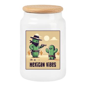 Mexico cactus design - Cookie Jar with Wooden Lid - white - Front