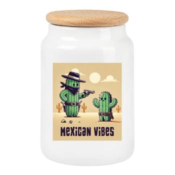 Mexico cactus design - Cookie Jar with Wooden Lid - white - Front