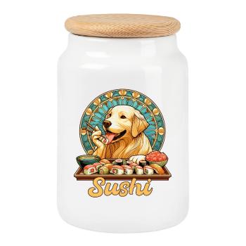 Sushi Golden Retriever Maki Gift - Cookie Jar with Wooden Lid - white - Front