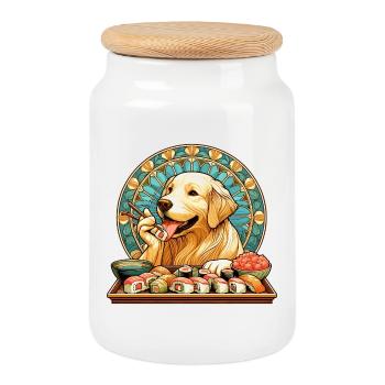 Sushi Golden Retriever Maki Gift - Cookie Jar with Wooden Lid - white - Front