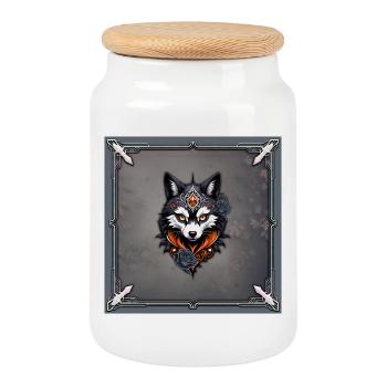 Majestueuse tête de loup, - Boîte à biscuits avec couvercle en bois - blanc - Devant