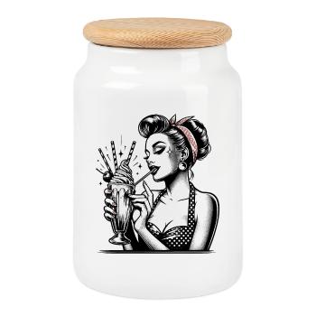 Rockabilly Milchshake Pin Up Girl Geschenk - Keksdose mit Holzdeckel - Weiß - Vorne
