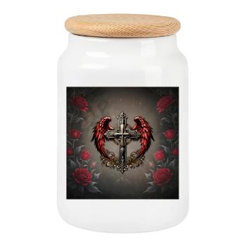 Élégante croix artistique décorative avec des ailes. - Boîte à biscuits avec couvercle en bois - blanc - Devant