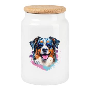 Australian Shepherd mit Sonnenbrille - Keksdose mit Holzdeckel - Weiß - Vorne