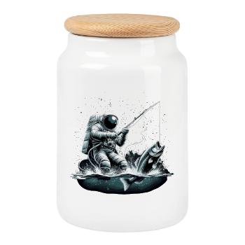 Astronaut Fishing Angler Fish Gift - Cookie Jar with Wooden Lid - white - Front