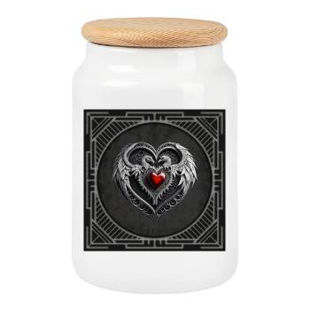 Silver heart with wings. - Cookie Jar with Wooden Lid - white - Front