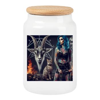 Métal Enfer Mâle Chèvre et Chat - Boîte à biscuits avec couvercle en bois - blanc - Devant
