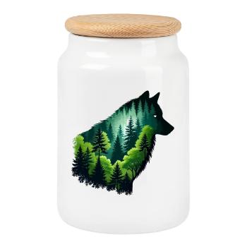 Silhouette Wolf with Green Forest - Cookie Jar with Wooden Lid - white - Front
