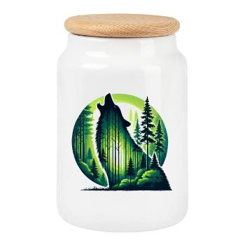 Silhouette of howling wolf with green forest - Cookie Jar with Wooden Lid - white - Front