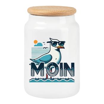Moin - Allemagne du Nord, bas allemand avec une mouette fraîche - Boîte à biscuits avec couvercle en bois - blanc - Devant