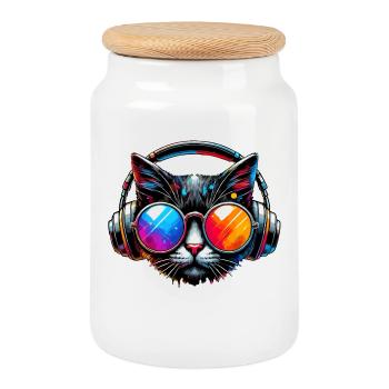 DJ Cat - Disco & Party Cat - Cookie Jar with Wooden Lid - white - Front