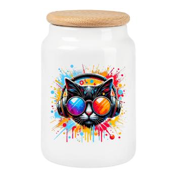 DJ Cat - Disco & Party Cat - with splashes of color - Cookie Jar with Wooden Lid - white - Front