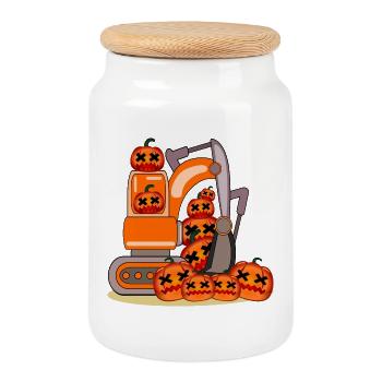 Excavator Excavator Driving - HALLOWEEN PUMPKIN COSTUMES - Cookie Jar with Wooden Lid - white - Front