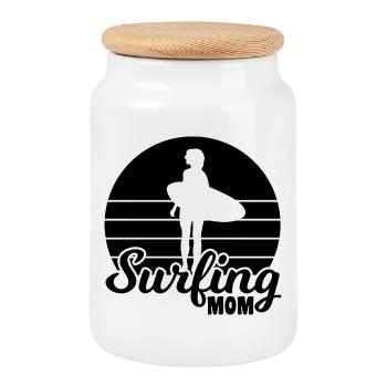 Surfer Mom - Cookie Jar with Wooden Lid - white - Front