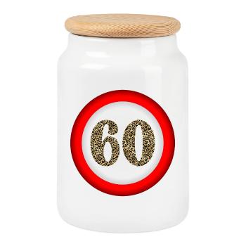 60th Birthday - NUMBER 60 ATTENTION - Cookie Jar with Wooden Lid - white - Front