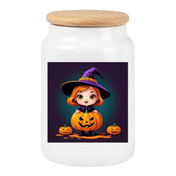 Sorcière citrouille d’Halloween - Boîte à biscuits avec couvercle en bois - blanc - Devant