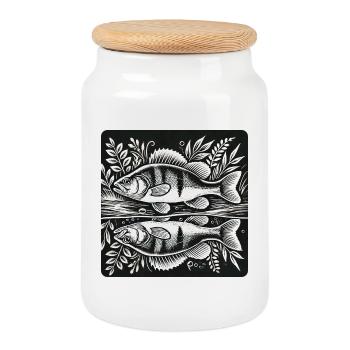 Perch Angler Silhouette Design - Cookie Jar with Wooden Lid - white - Front