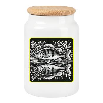 Perch Angler Silhouette Design - Cookie Jar with Wooden Lid - white - Front