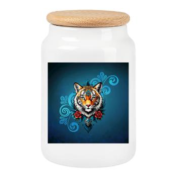 Tigre avec des ornements floraux - Boîte à biscuits avec couvercle en bois - blanc - Devant