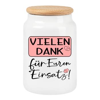 Dankeschöngeschenke Vielen Dank für Euren Einsatz - Keksdose mit Holzdeckel - Weiß - Vorne