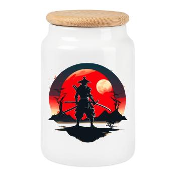 Samurai-Silhouette mit rotem Mondhintergrund - Keksdose mit Holzdeckel - Weiß - Vorne