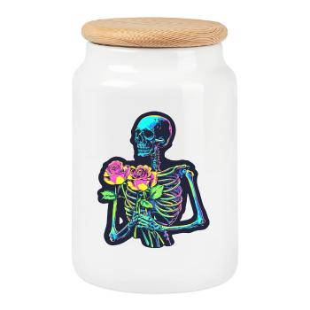 Psychedelic Skeleton with Roses Halloween - Cookie Jar with Wooden Lid - white - Front