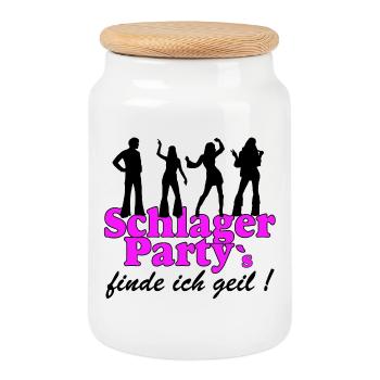 Schlager Party , Schlager Musik , finde ich geil - Keksdose mit Holzdeckel - Weiß - Vorne