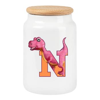 N - DINOSAURE, personnalisable - Boîte à biscuits avec couvercle en bois - blanc - Devant