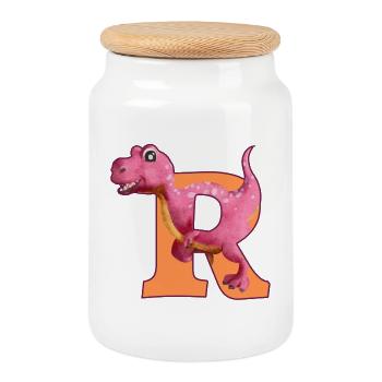 R - DINOSAURIER, Personalisierbar - Keksdose mit Holzdeckel - Weiß - Vorne
