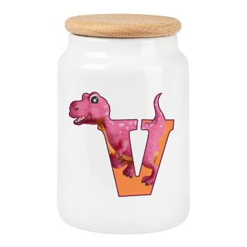 V - DINOSAURE, personnalisable - Boîte à biscuits avec couvercle en bois - blanc - Devant
