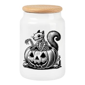 Motif d’écureuil squelette dans une citrouille - Boîte à biscuits avec couvercle en bois - blanc - Devant