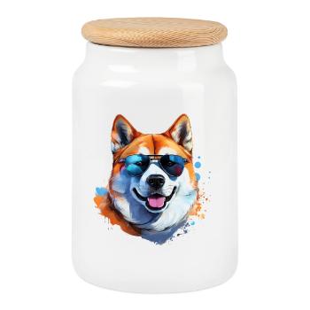 Akita Inu with sunglasses - Cookie Jar with Wooden Lid - white - Front