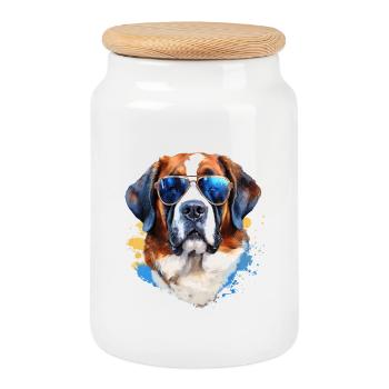 Saint Bernard avec lunettes de soleil - Boîte à biscuits avec couvercle en bois - blanc - Devant