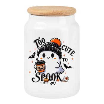 cool ghost with bobble hat & pumpkin spice latte - Cookie Jar with Wooden Lid - white - Front