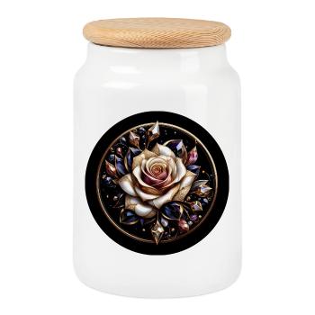 Rose im Diamantkranz - Rose Diamant Edelstein - Keksdose mit Holzdeckel - Weiß - Vorne