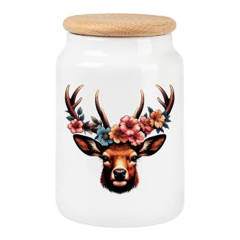 Deer with Flowers - Cookie Jar with Wooden Lid - white - Front