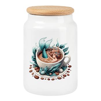 Mermaid Mermaid Bathes in Coffee Gift - Cookie Jar with Wooden Lid - white - Front