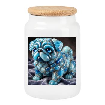 Figurine décorative carlin en cristal bleu - Boîte à biscuits avec couvercle en bois - blanc - Devant