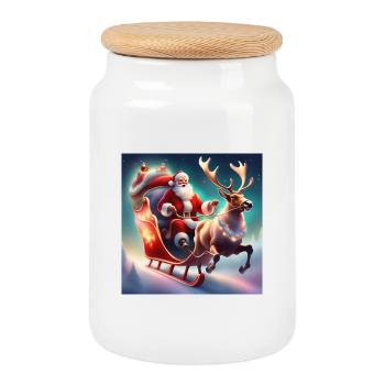 Santa Claus, Sleigh, Christmas Poster - Cookie Jar with Wooden Lid - white - Front
