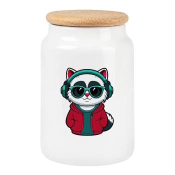 Coole Katze mit Kapuzenpullover und Brille Design - Keksdose mit Holzdeckel - Weiß - Vorne